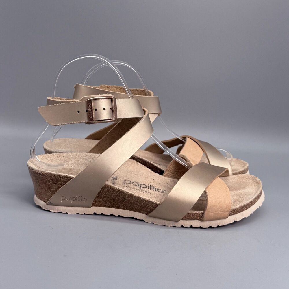 Birkenstock Papillio Lola Women's 7 Metallic Gold Leather Ankle Buckle Sandals